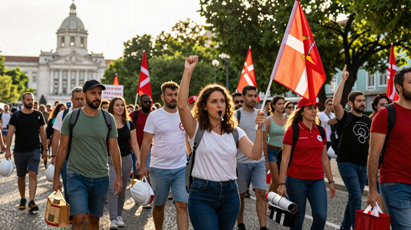 Grupo de pessoas em manifestação com bandeiras vermelhas e apito, em rua com edifícios ao fundo.