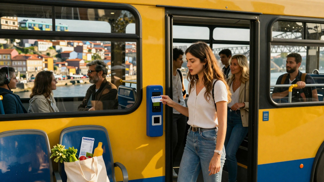 Mulher paga passagem no cartão ao entrar num autocarro amarelo com pessoas dentro na cidade.