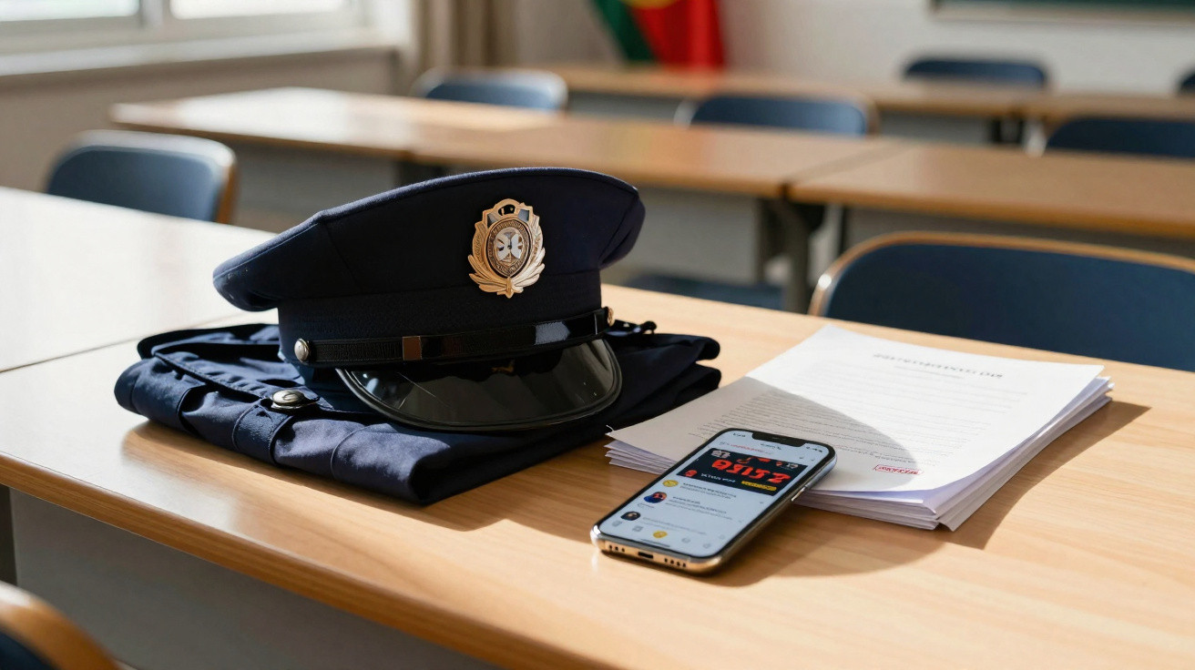 Uniforme e boina policial sobre mesa com telemóvel e fichas, em sala de aula com cadeiras e bandeira ao fundo.