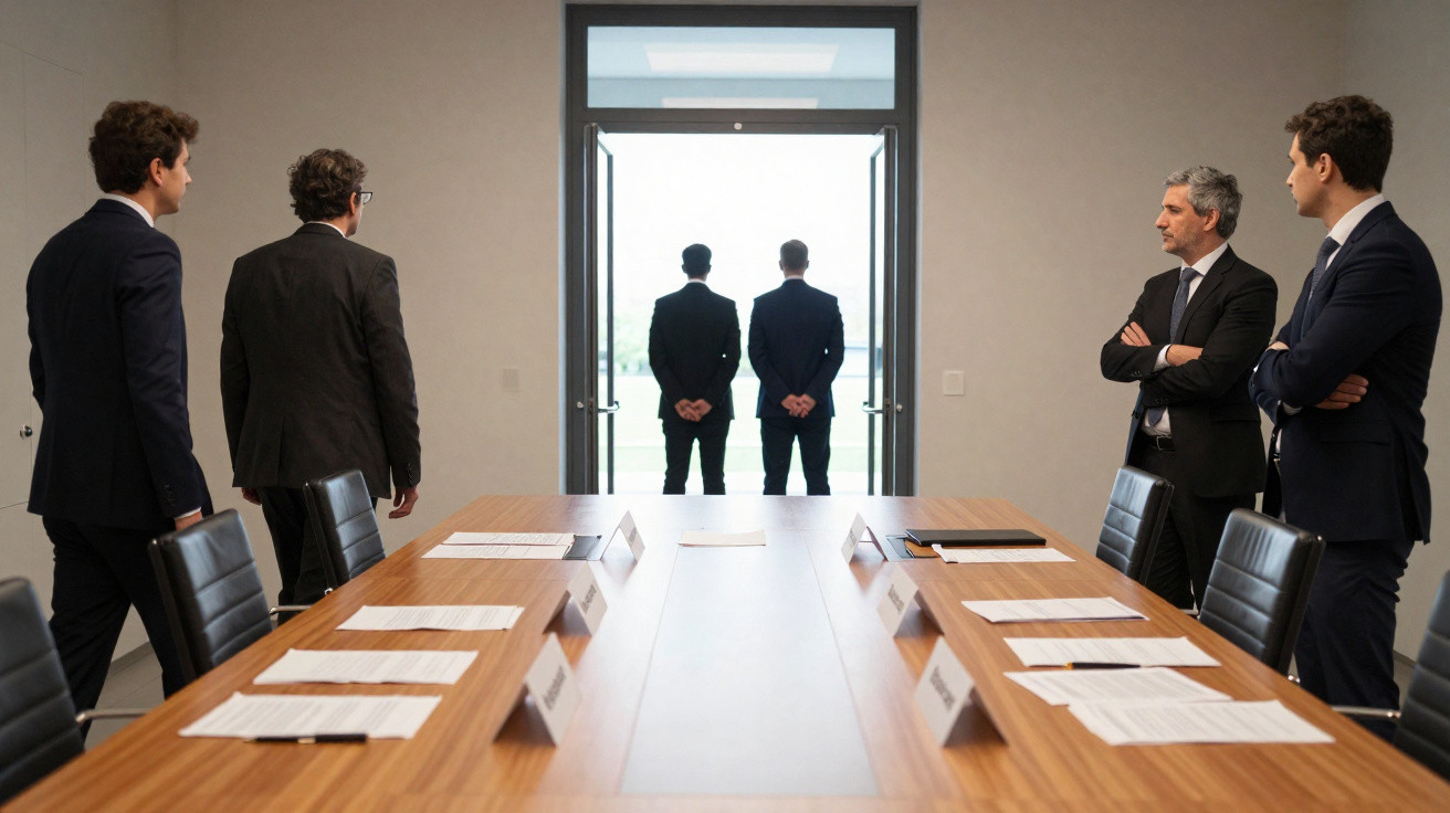 Homens de negócios em fato no escritório, duas pessoas de costas à janela, outras em torno da mesa de reunião.