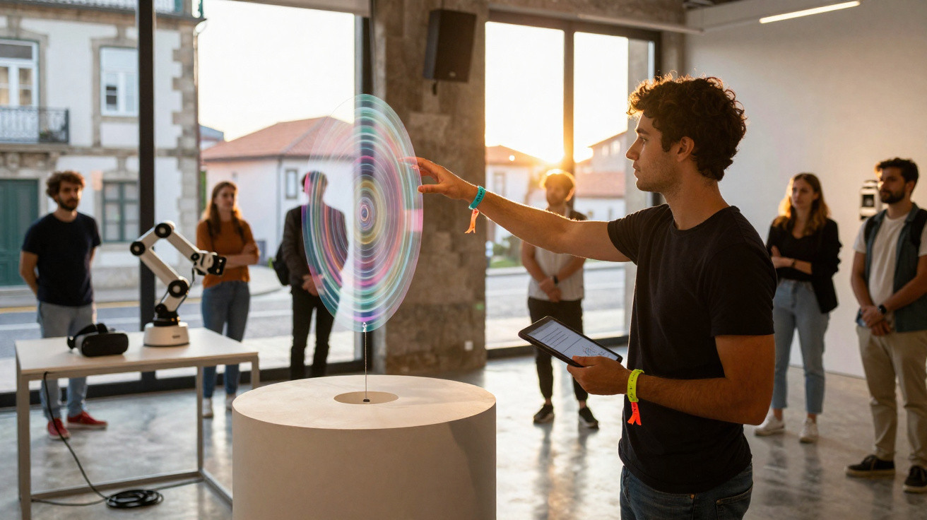 Jovem interage com instalação tecnológica colorida enquanto grupo observa em espaço moderno e iluminado.