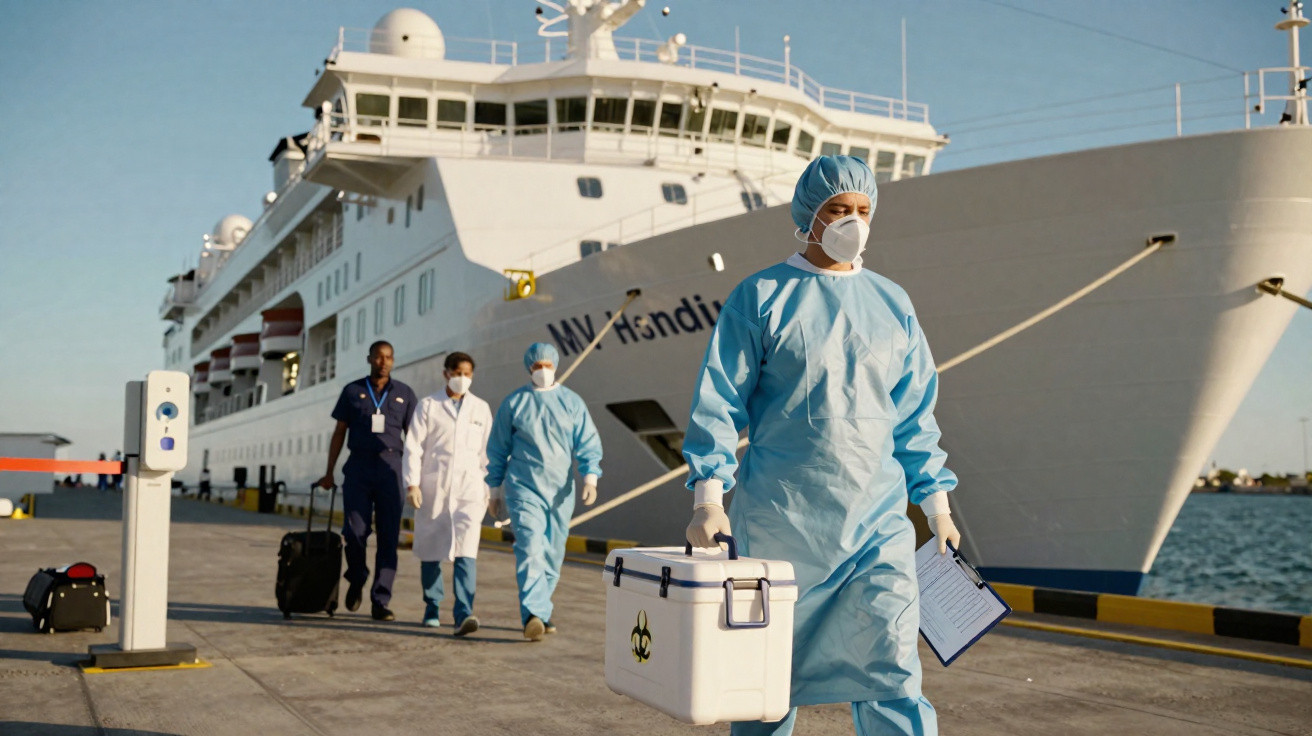 Equipa médica de proteção com máscara caminha perto de navio de investigação atracado no porto.