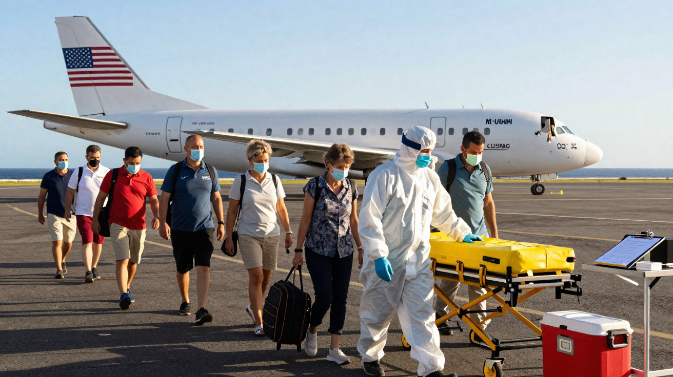 Grupo de pessoas com máscaras a caminhar na pista de aeroporto, com um avião e um trabalhador de proteção a empurrar maca.