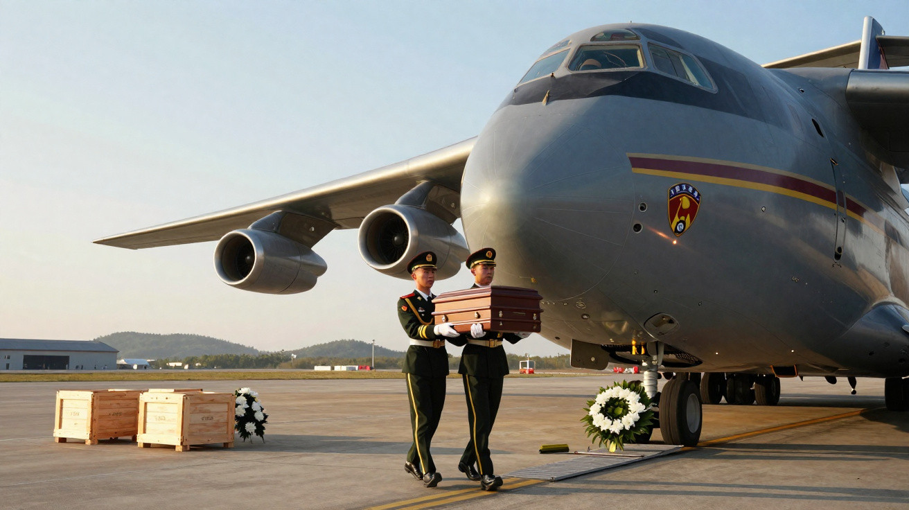 Dois militares transportam caixões junto a avião militar na pista de aeroporto ao pôr do sol.