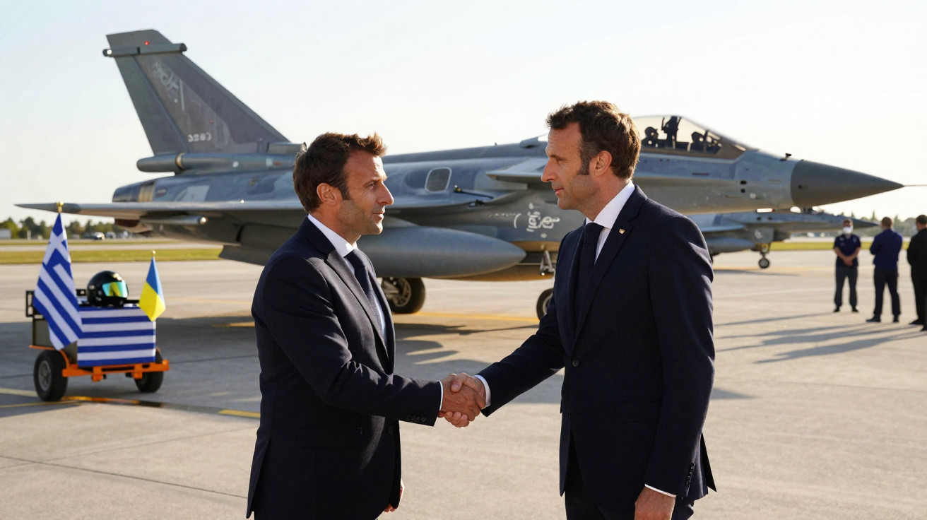 Dois homens de fato apertam as mãos numa pista de avião com um caça militar ao fundo.