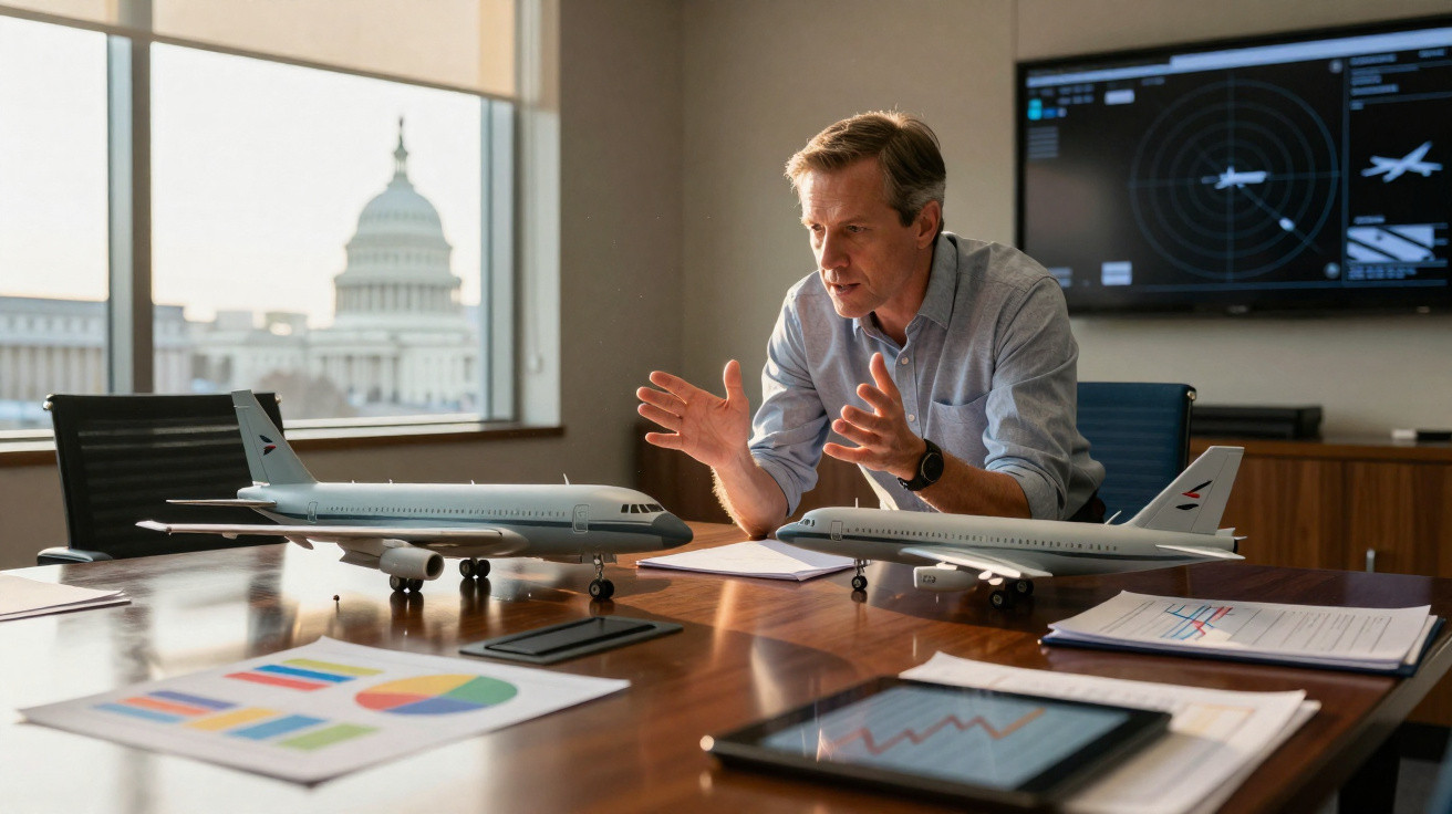 Homem sentado à mesa analisa modelos de aviões com gráficos e documentos em escritório com vista para o Capitólio.