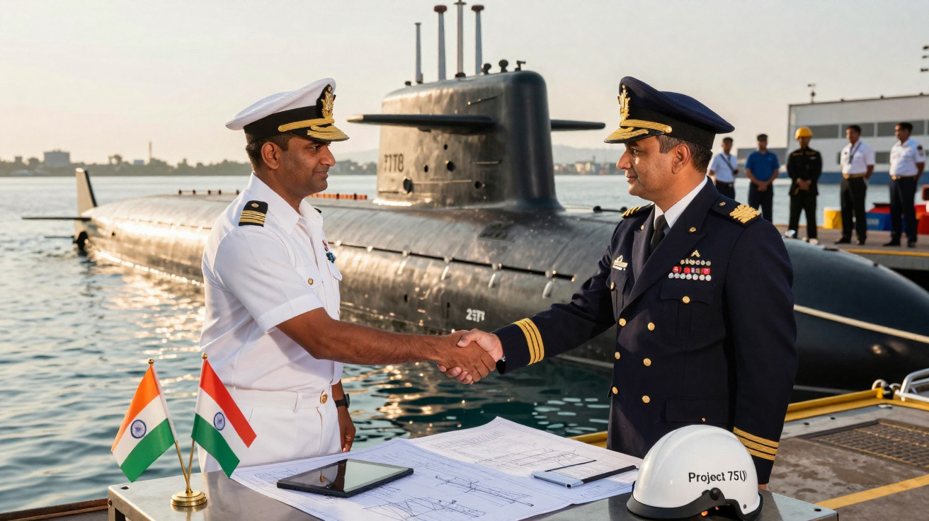 Dois militares indianos de uniformes diferentes cumprimentam-se em cais junto a submarino e plantas técnicas.