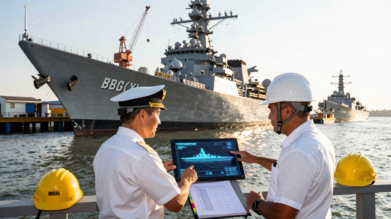 Dois homens em uniforme e capacetes a analisar um tablet com esquema de navio de guerra junto ao porto.