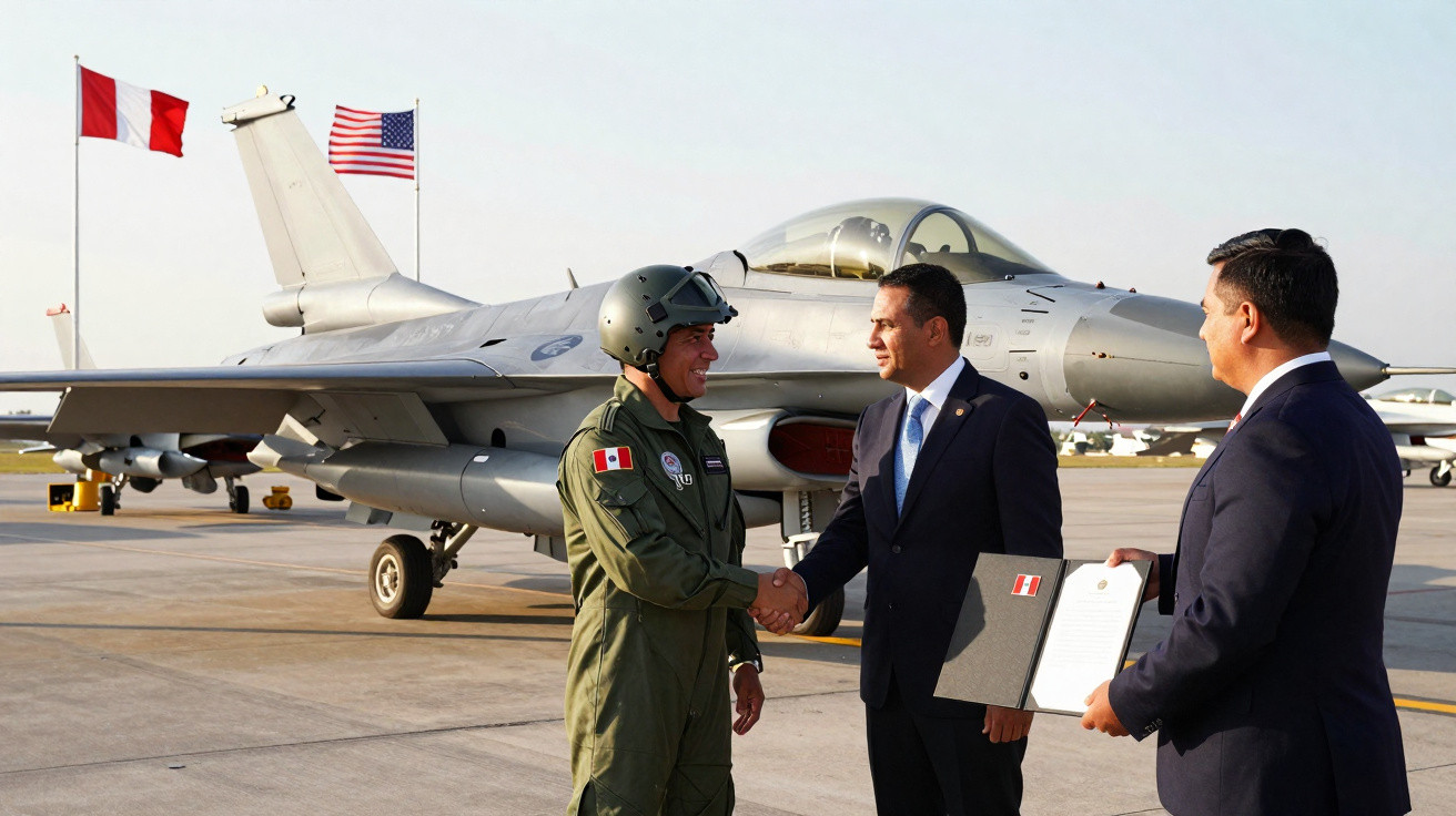 Piloto militar mexicano cumprimenta oficial civil ao lado de jato de combate, com bandeiras do Peru e EUA ao fundo.