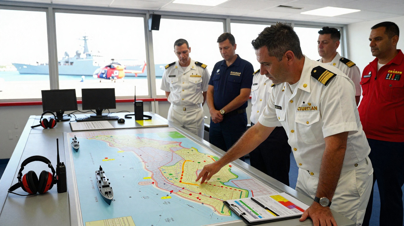 Oficiais navais em uniforme analisam mapa de operação marítima numa sala com janelas e equipamento de comunicação.