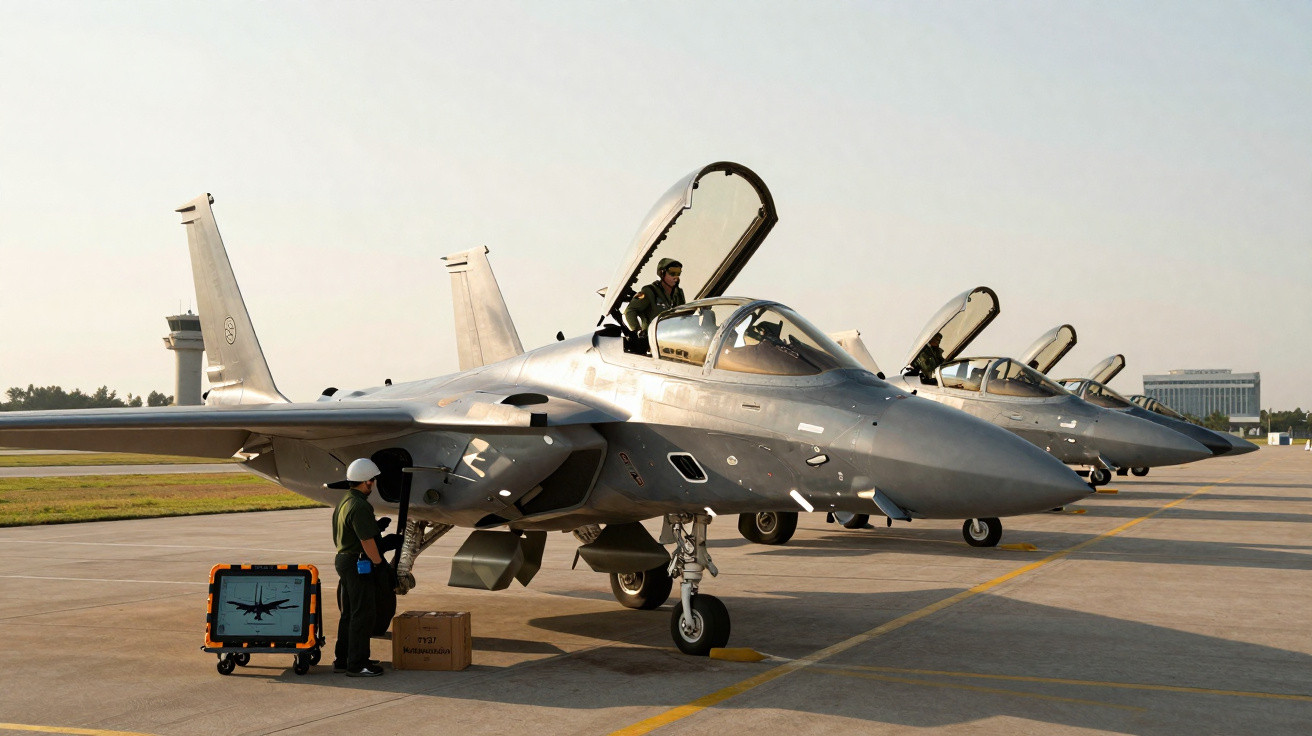 Três caças militares estacionados em fila numa pista de aeroporto com equipa de manutenção perto.