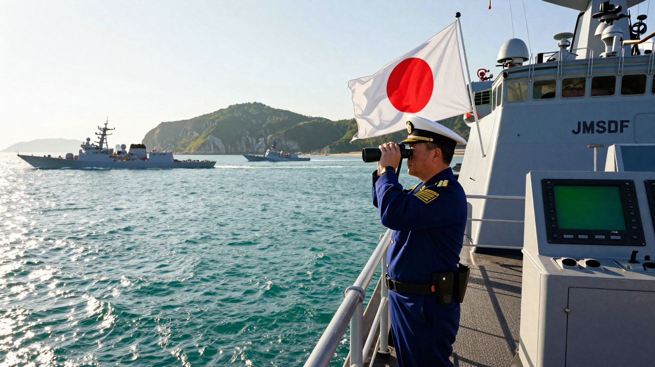 Oficial da marinha japonesa com binóculos a bordo de navio, com bandeira do Japão e outros navios no mar.