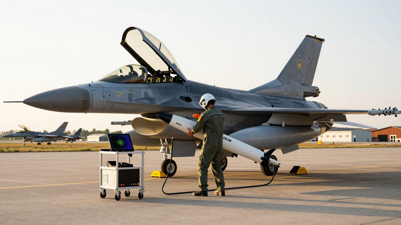 Avião de caça estacionado com piloto em uniforme a preparar equipamento na pista de um aeroporto militar.