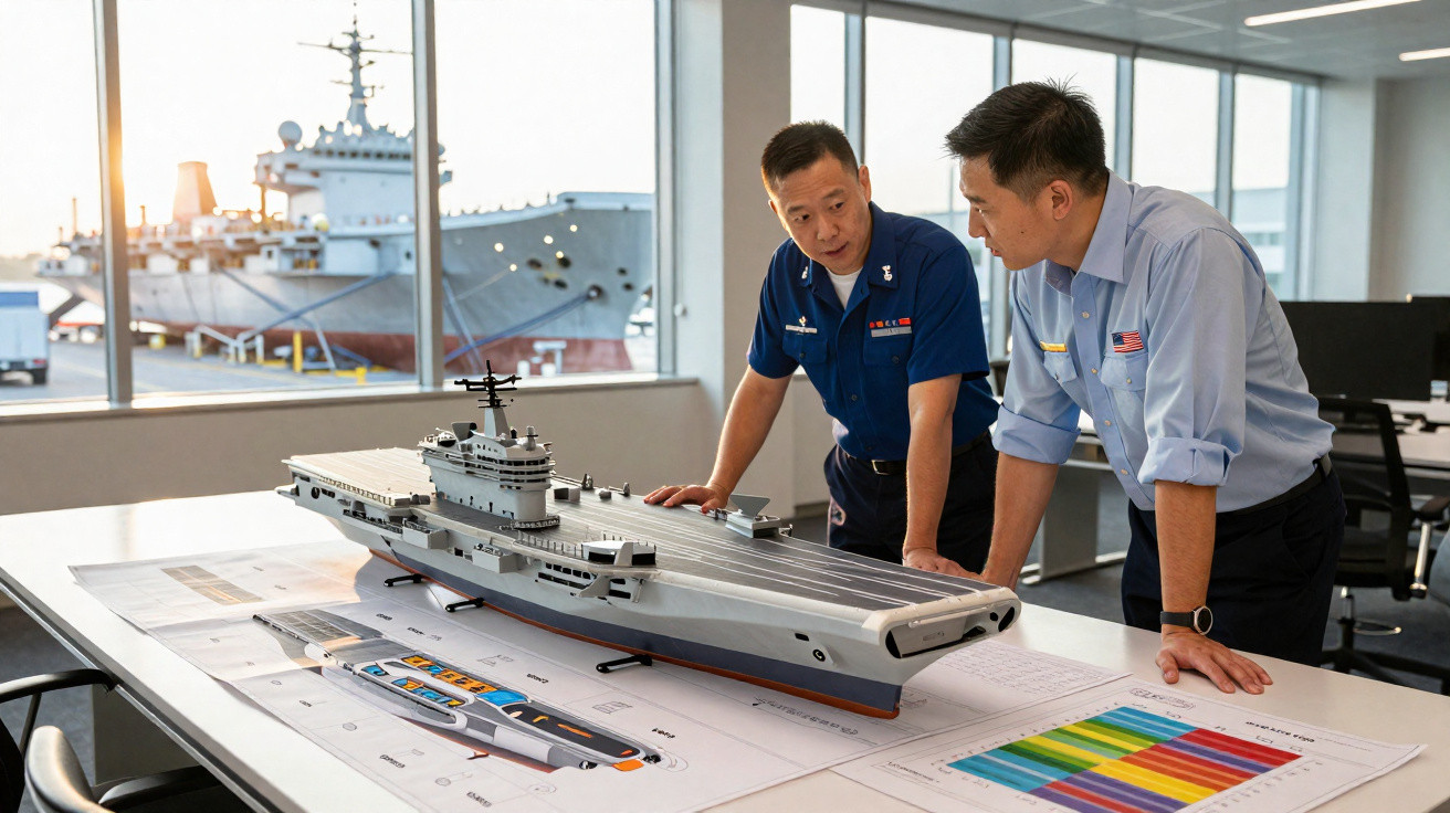 Dois homens analisam maquete de porta-aviões numa sala com vista para um navio no porto.