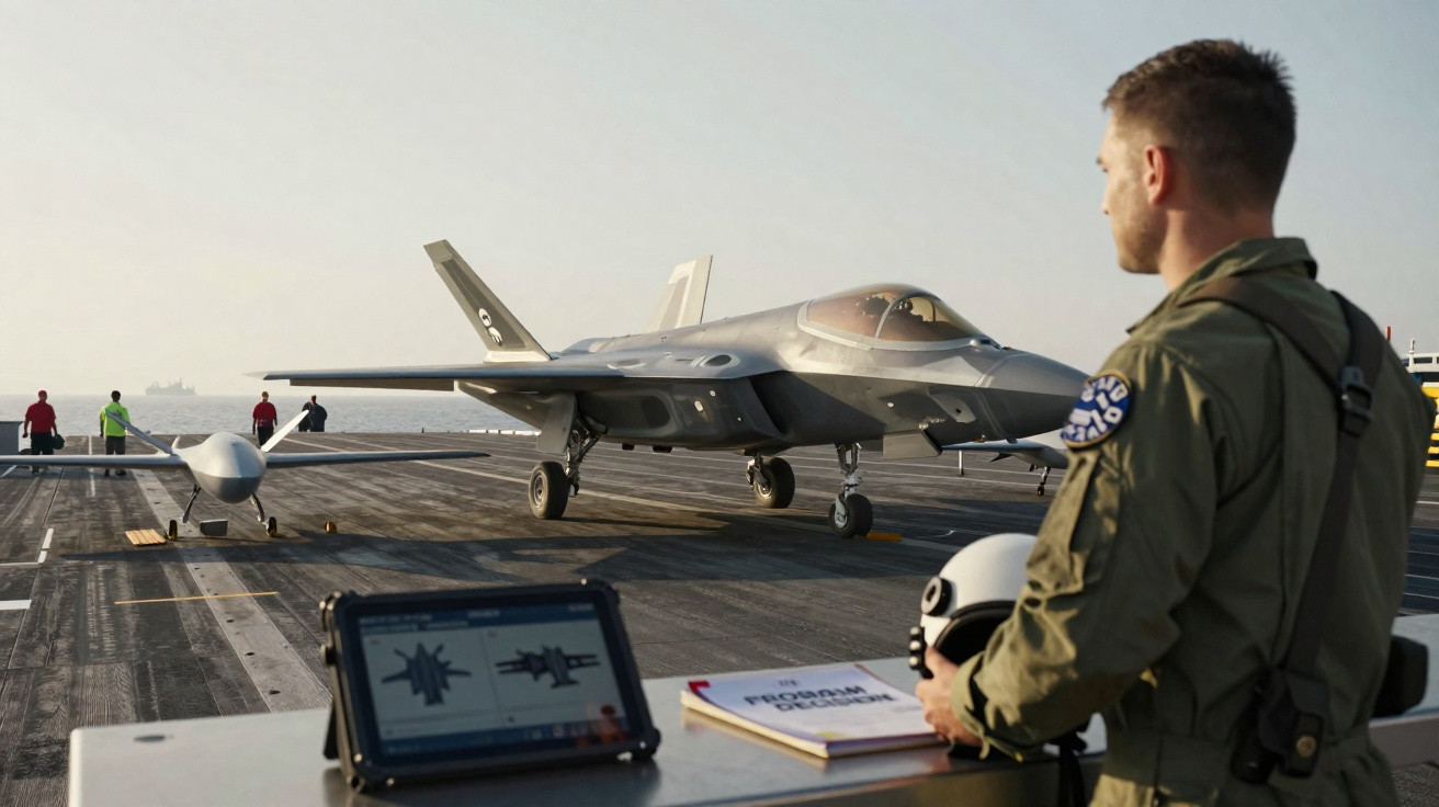 Piloto militar observa caça furtivo F-35 e drone no convés de um porta-aviões durante o pôr do sol.