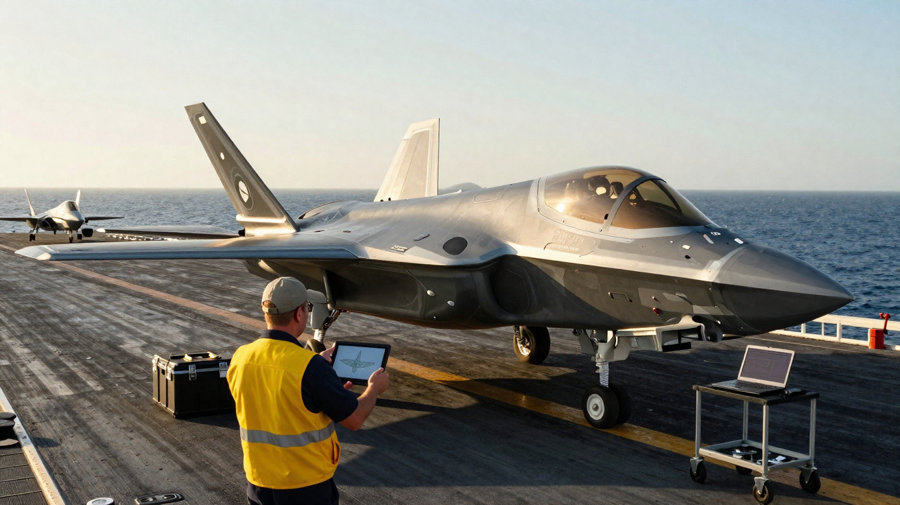 Homem com colete amarelo opera drone avião militar na pista de porta-aviões sobre o oceano ao pôr do sol.