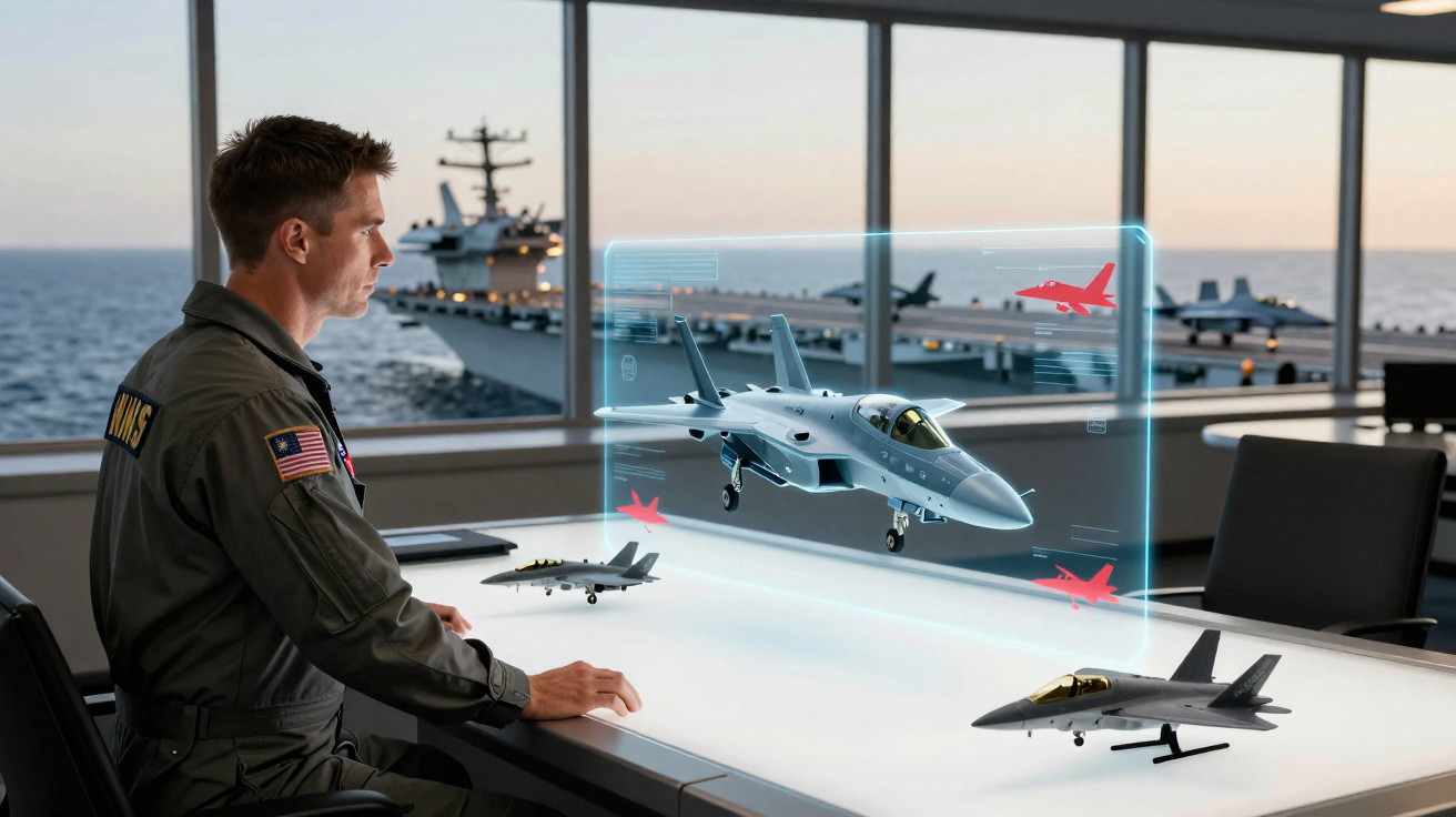 Homem em uniforme militar observa holograma de caça num escritório com vista para porta-aviões no mar.