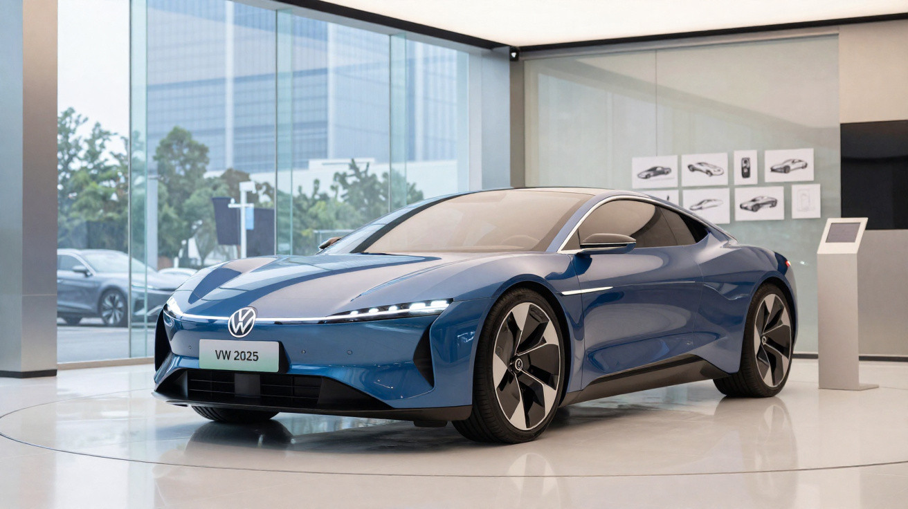 Carro elétrico Volkswagen azul modelo VW 2025 exposto em salão moderno com grandes janelas.