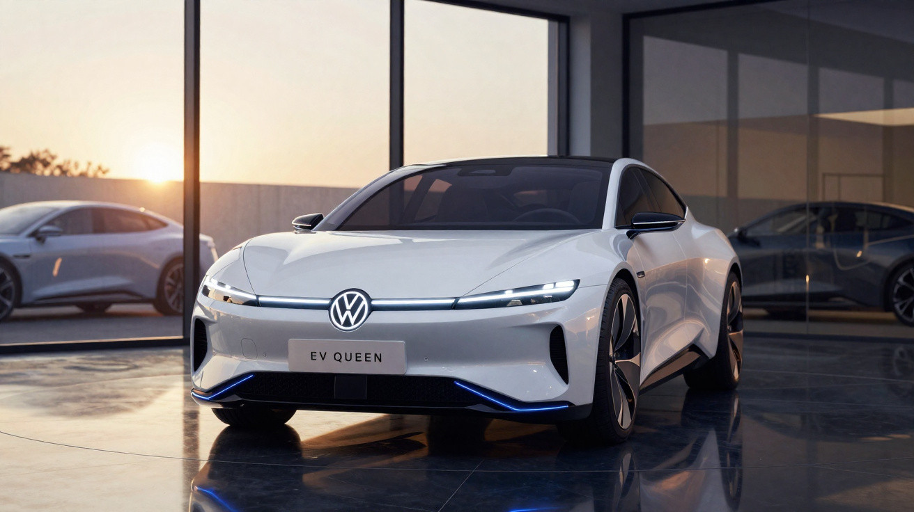 Carro elétrico branco Volkswagen EV Queen estacionado em espaço moderno com vidro e reflexos no chão.