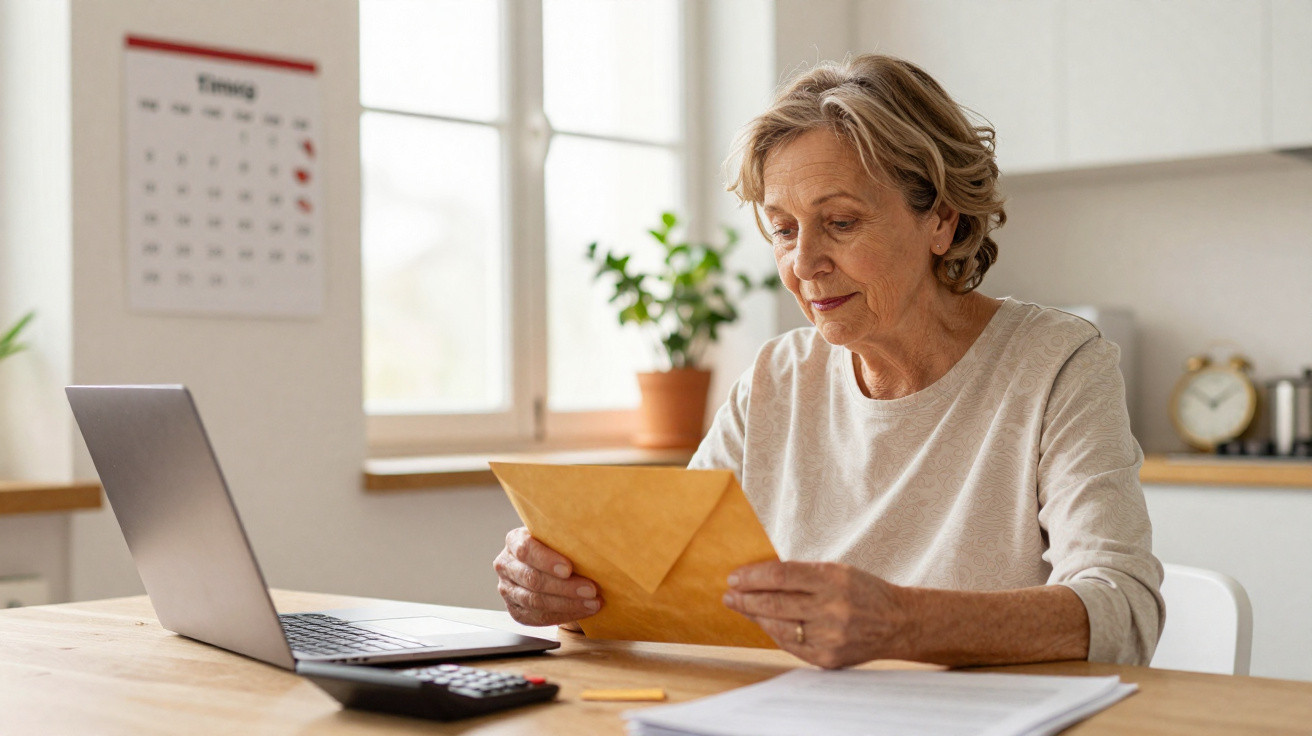 Mulher sénior sentada à mesa a ler uma carta, com computador portátil e calculadora à sua frente.