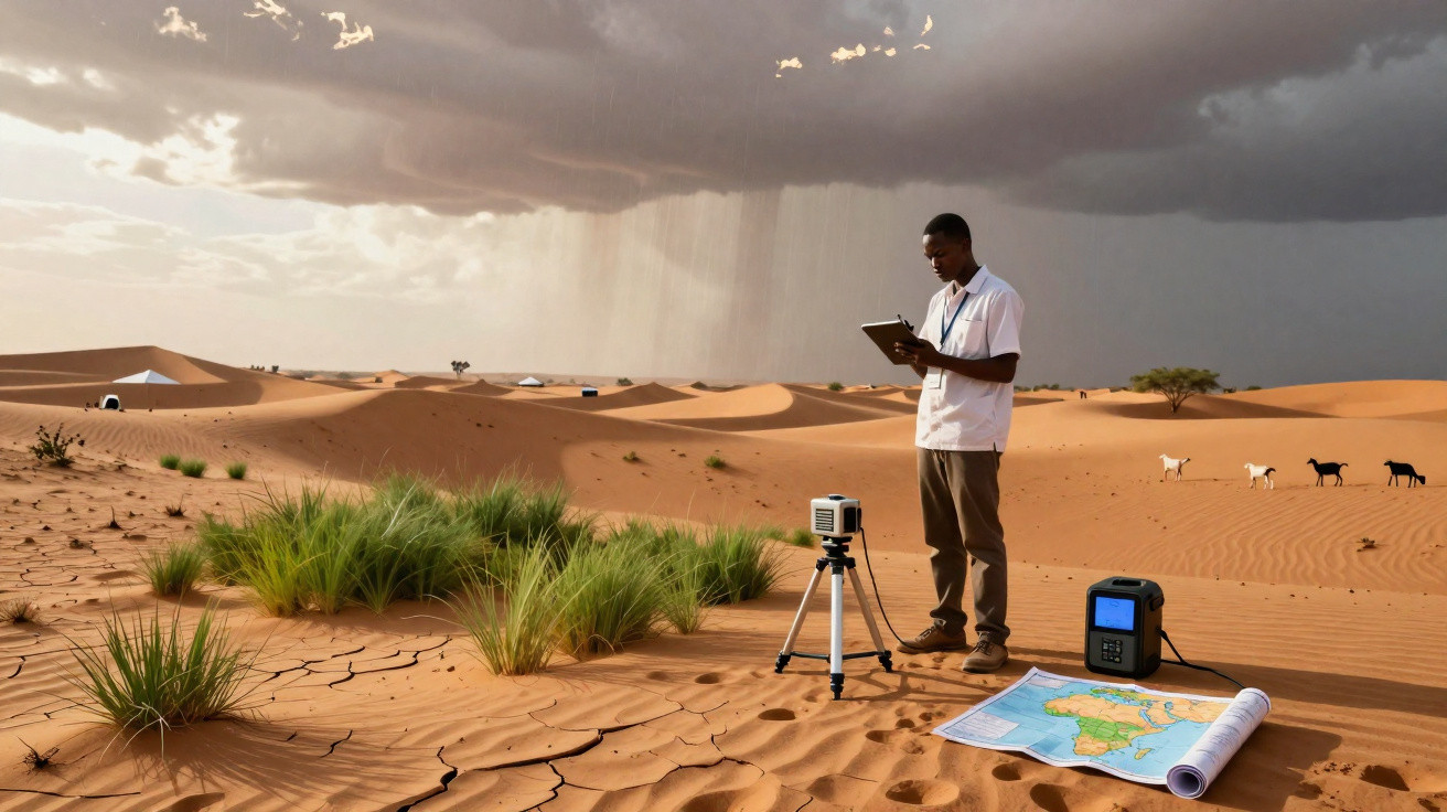 Homem a registar dados num deserto com vegetação seca, equipamento e mapa de África espalhados na areia.