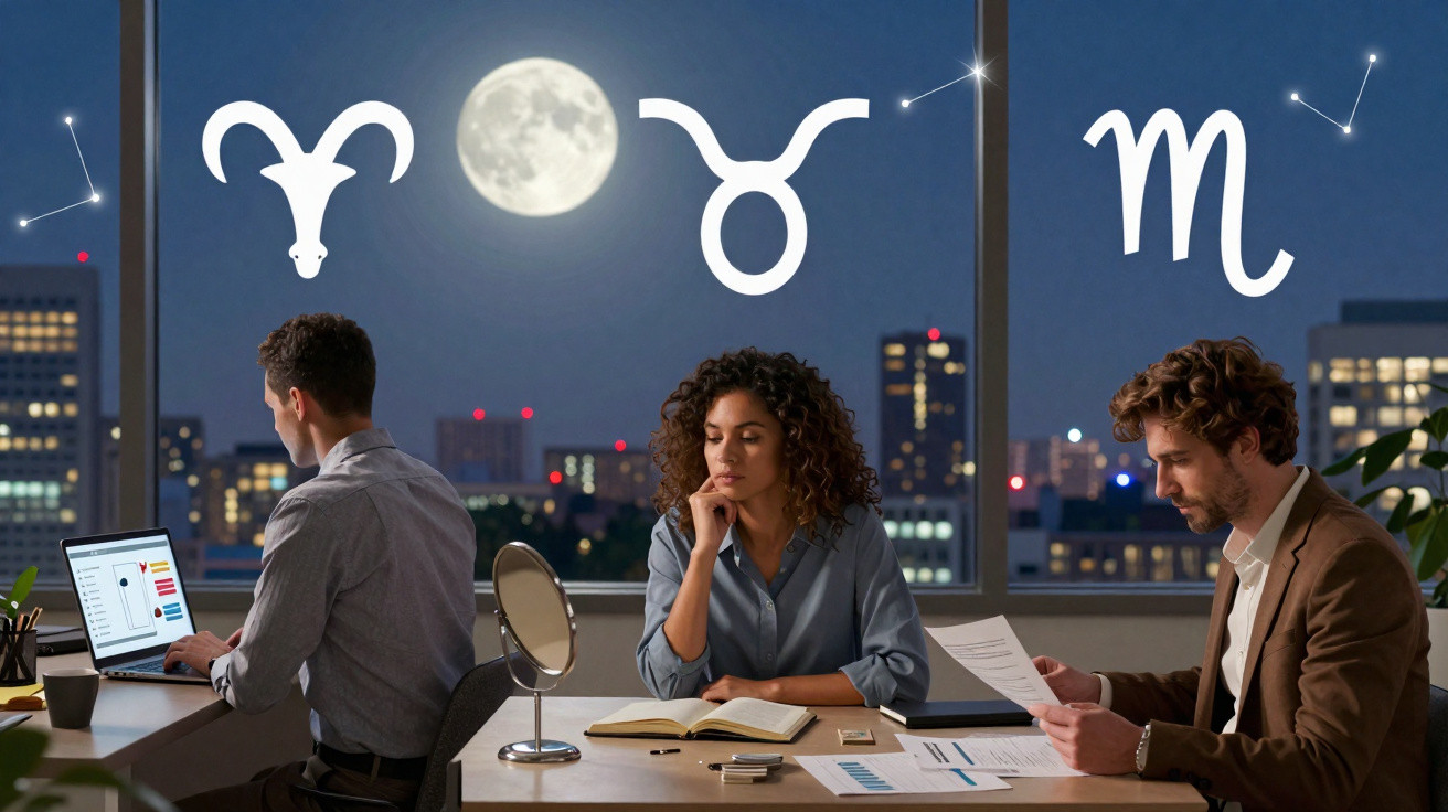 Três pessoas a trabalhar num escritório à noite com símbolos e constelações dos signos de Carneiro, Touro e Escorpião no céu.