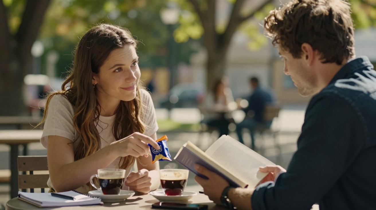 Mulher sorri oferecendo chocolate a homem que lê livro, sentados ao ar livre numa esplanada com café.