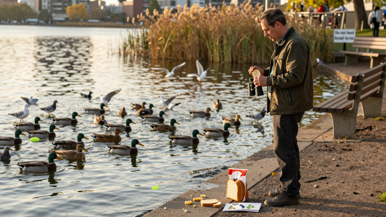 Homem alimenta patos à beira de um lago durante o pôr do sol numa área urbana.