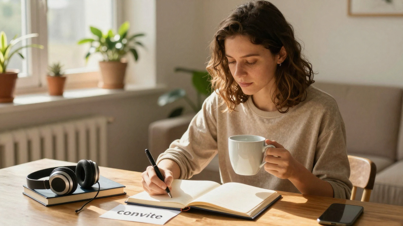 Mulher sentada a escrever num caderno, segurando uma chávena, com auscultadores e telemóvel na mesa.