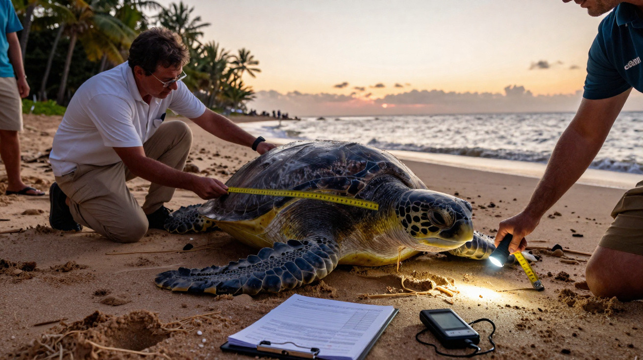 Dois homens medem uma tartaruga marinha na praia ao pôr do sol com equipamentos e ficha de observação.