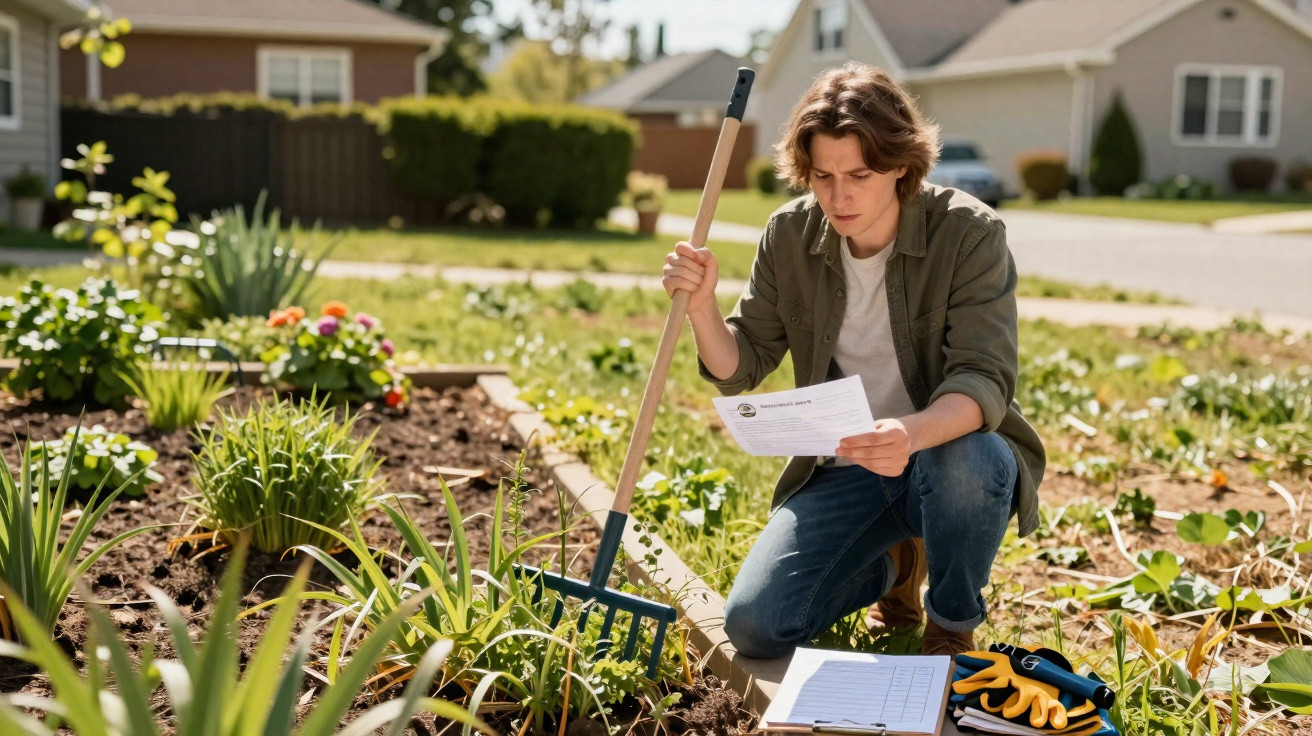 Jovem com enxada lê instruções no jardim, rodeado por plantas e ferramentas de jardinagem.