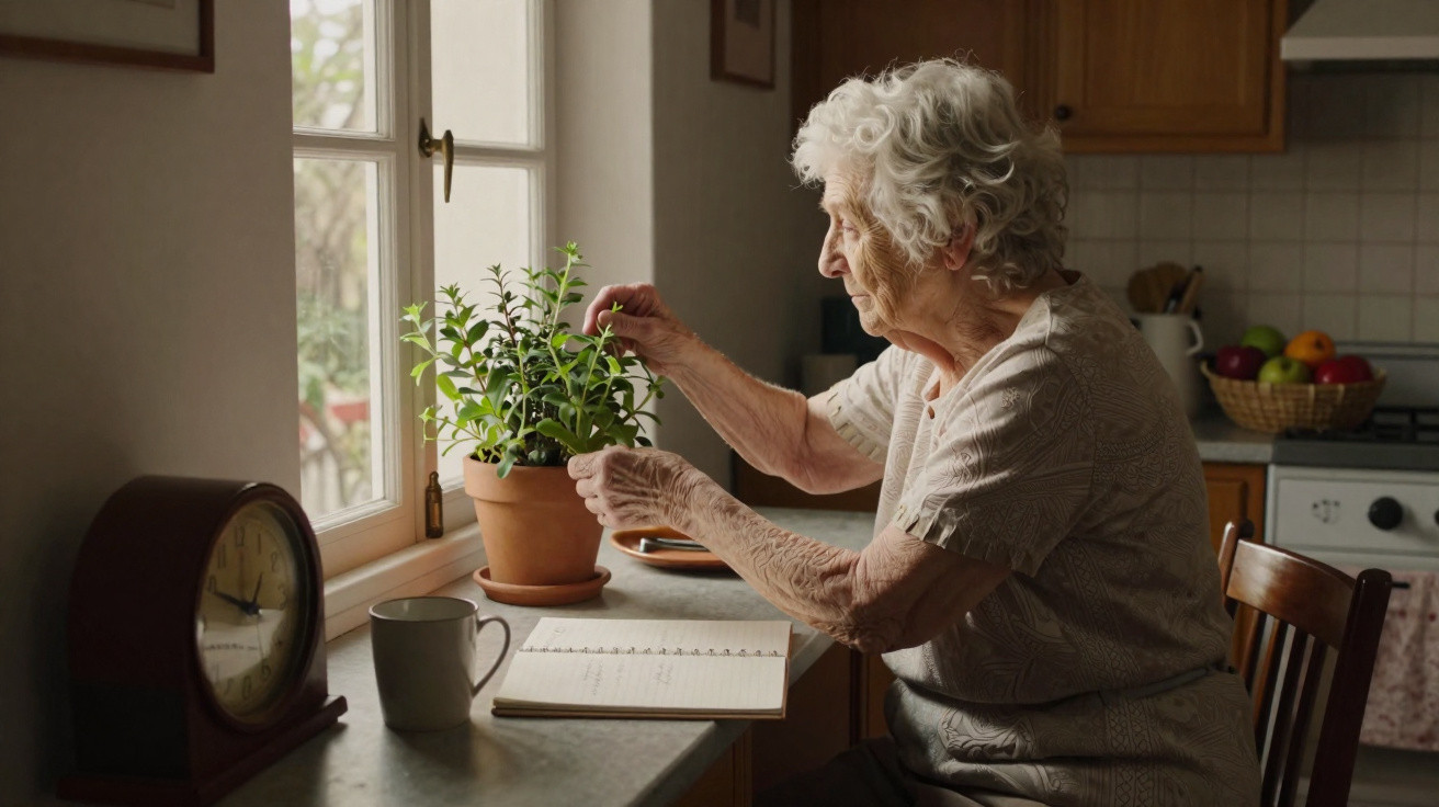 Idosa a cuidar de uma planta numa cozinha acolhedora, sentada junto à janela durante o dia.