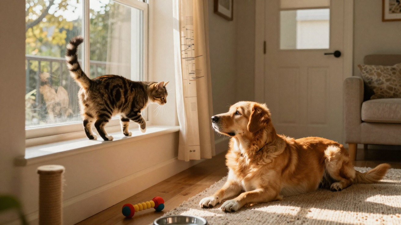 Gato na janela a olhar para cão dourado deitado numa sala iluminada pelo sol.