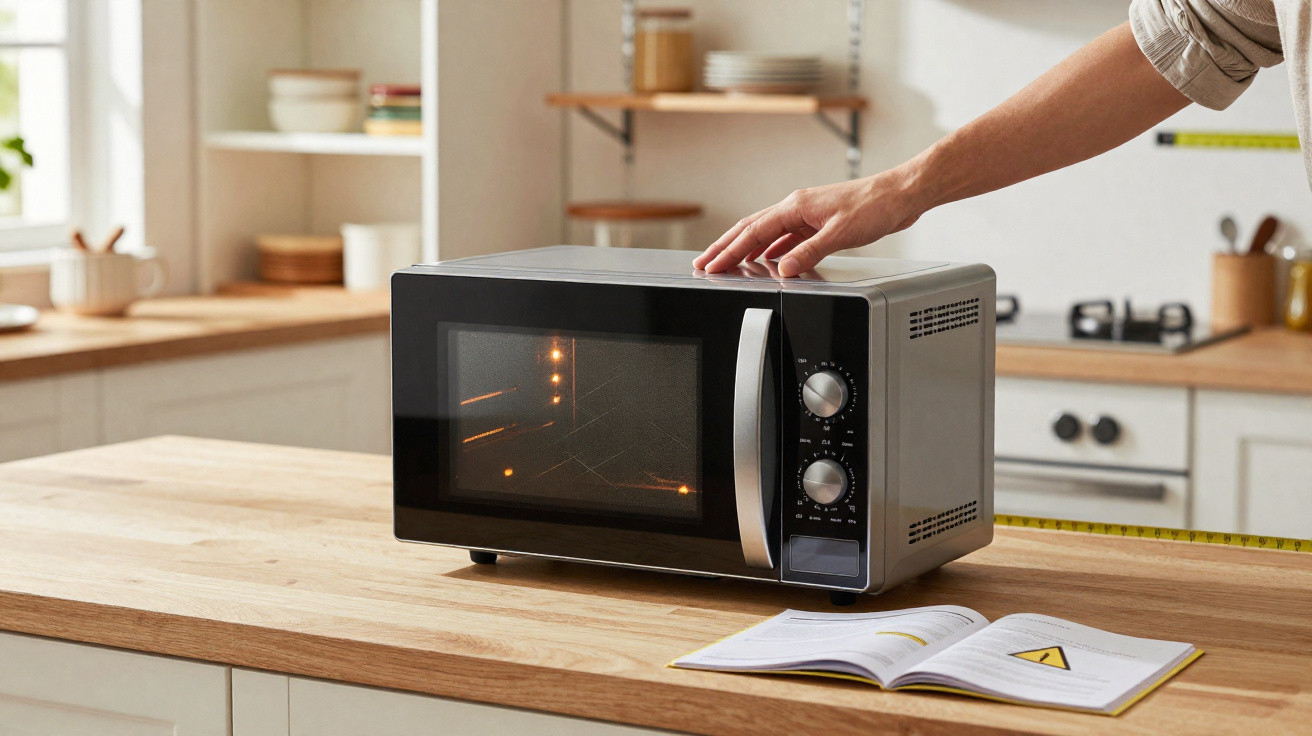Mão ajustando um micro-ondas preto numa cozinha moderna com livro aberto numa bancada de madeira.
