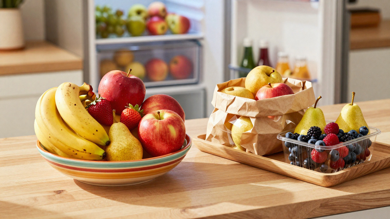 Fruteira com bananas, maçãs, pêras e morangos numa mesa de madeira, com mais frutas em saco e tabuleiro.