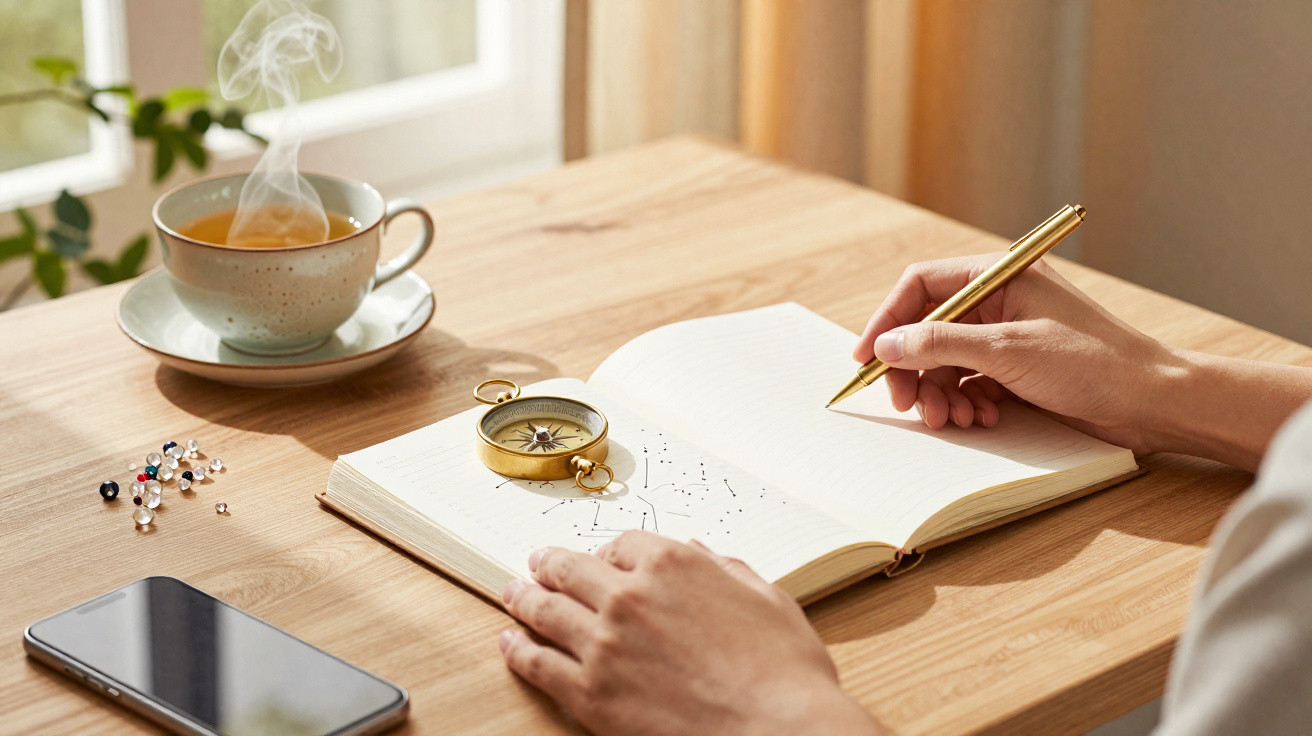 Pessoa a desenhar constelações num caderno aberto, com bússola, chá quente e telemóvel numa mesa de madeira.