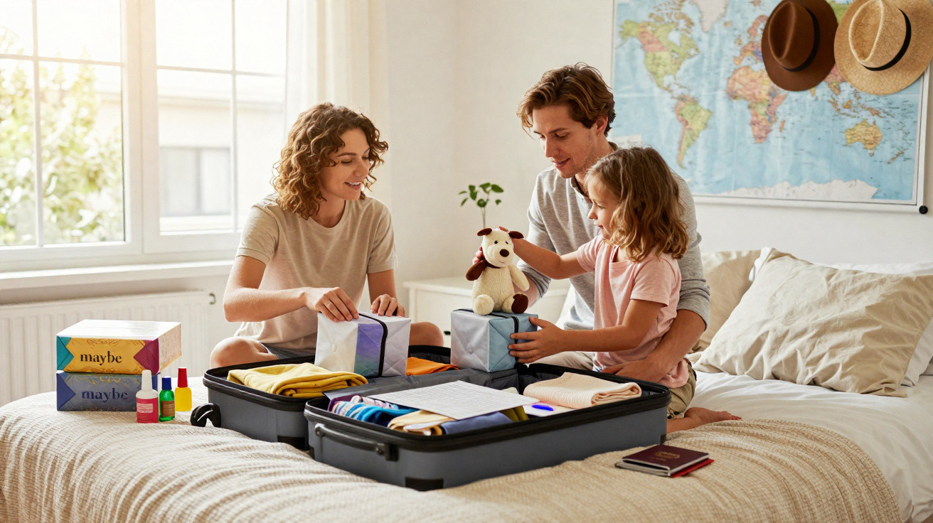 Família com mãe, pai e filha arruma mala de viagem no quarto, com mapa e chapéus na parede.
