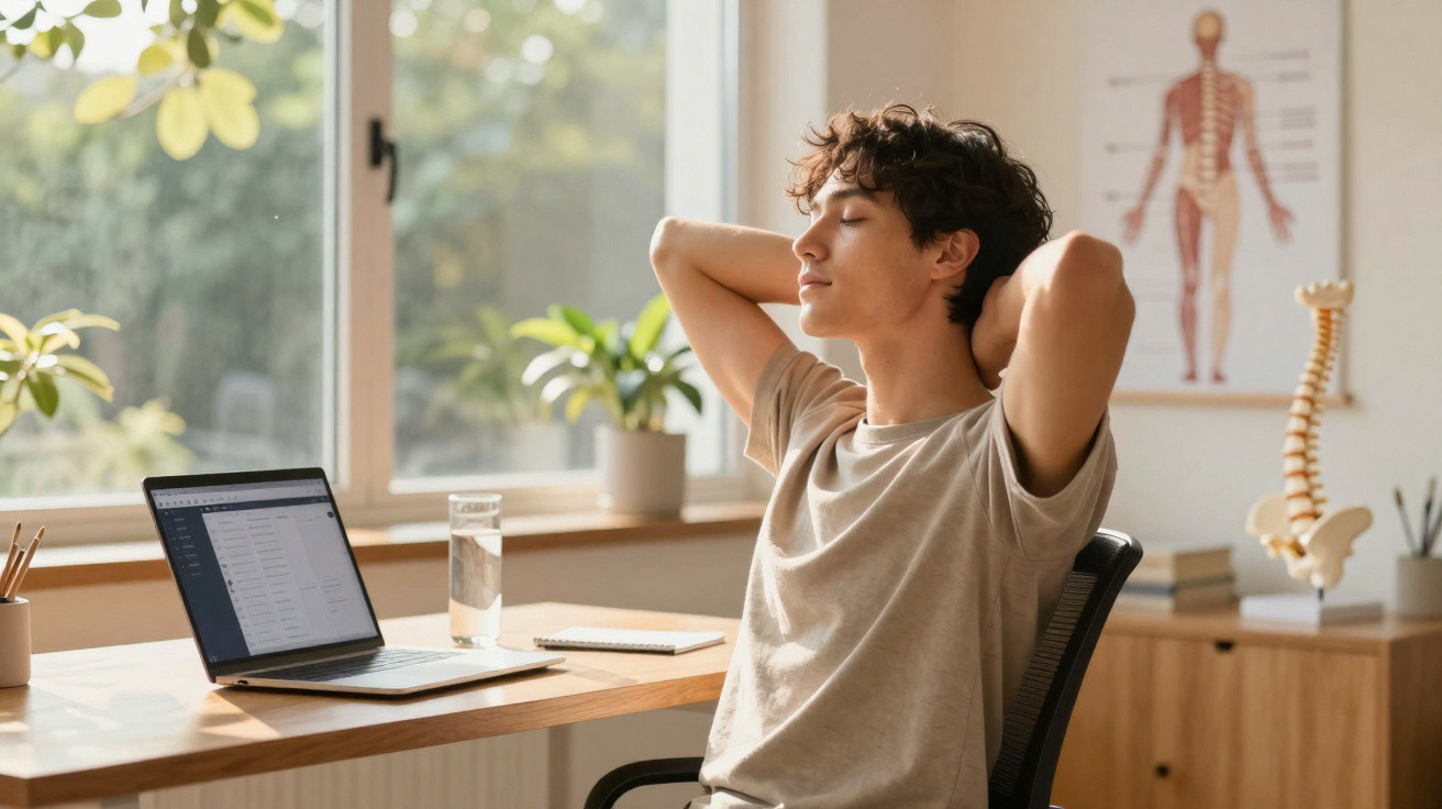 Jovem sentado numa cadeira a relaxar, com computador portátil numa mesa, ao lado de uma janela luminosa.