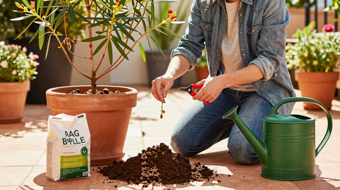 Pessoa a cuidar de planta em vaso, com regador e terra, num terraço ensolarado.