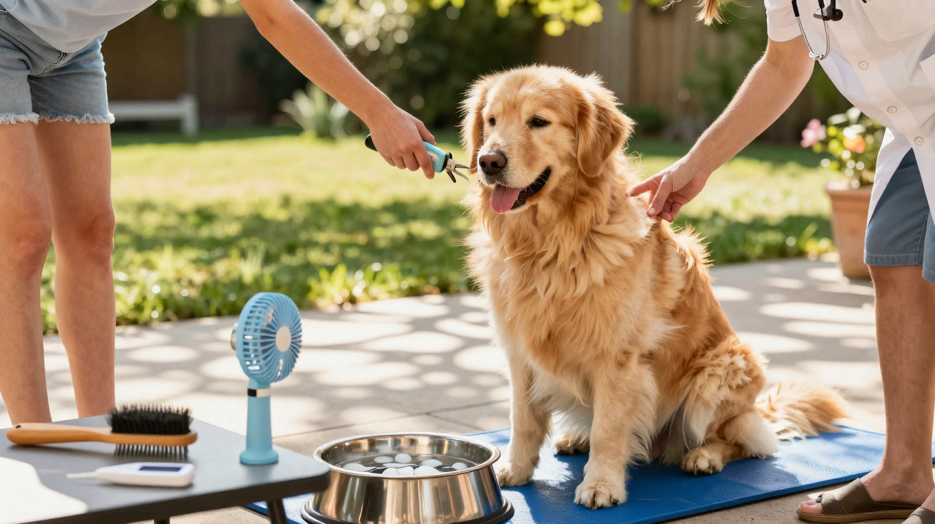 Cão golden retriever a receber cuidados de veterinário e dono num jardim, com escova e água fresca perto.