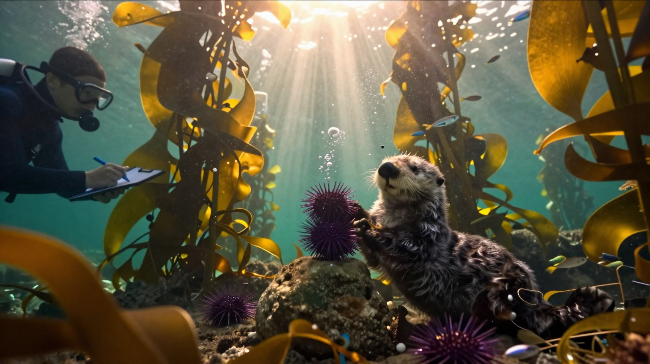 Lontra subaquática toca ouriço-do-mar entre algas marinhas com mergulhador a observar e anotar.