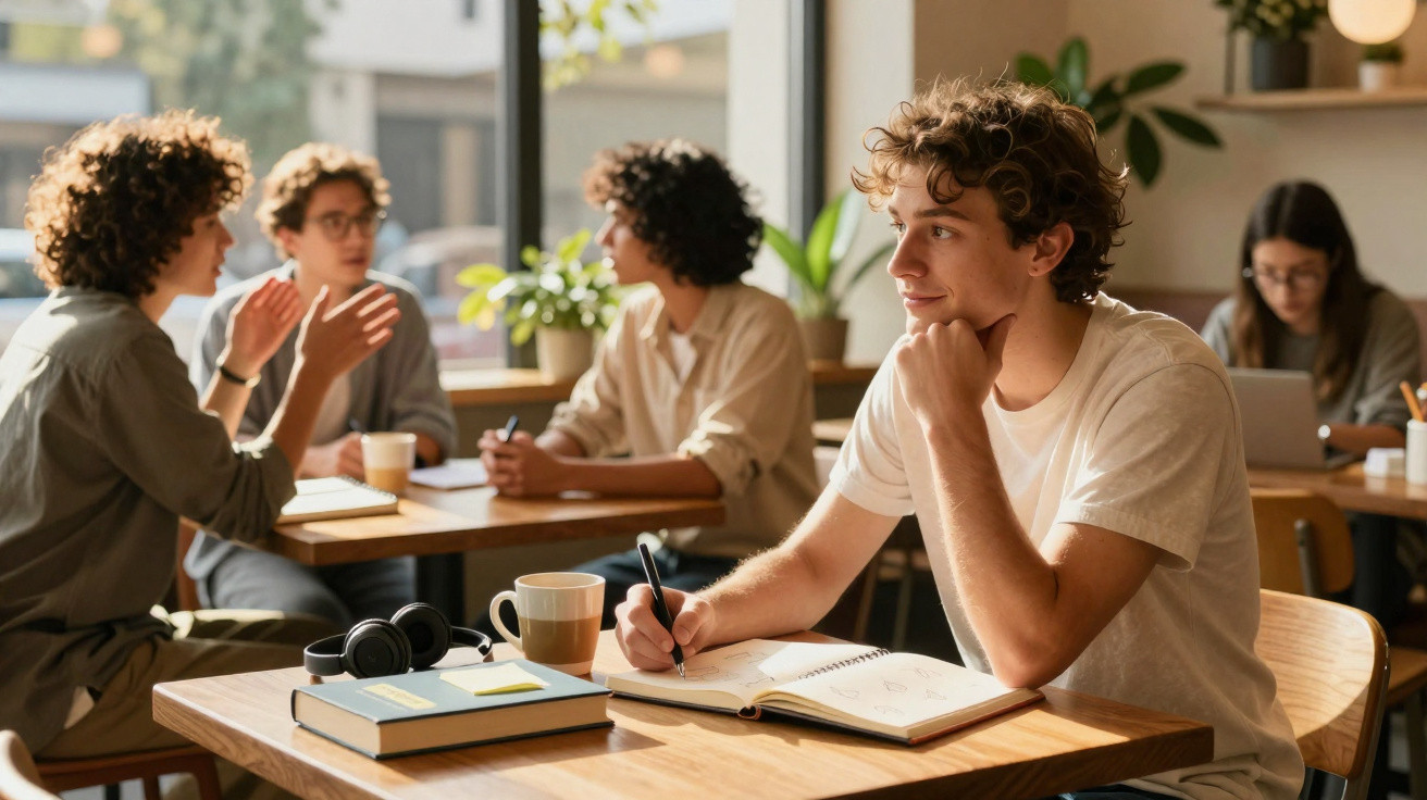 Jovem a escrever num caderno numa cafetaria, com três pessoas a conversar ao fundo e outra a usar portátil.
