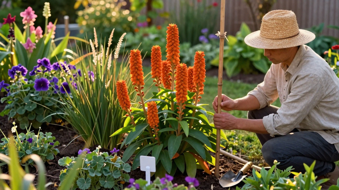 Pessoa de chapéu de palha a cuidar de flores laranja num jardim florido ao ar livre ao entardecer.