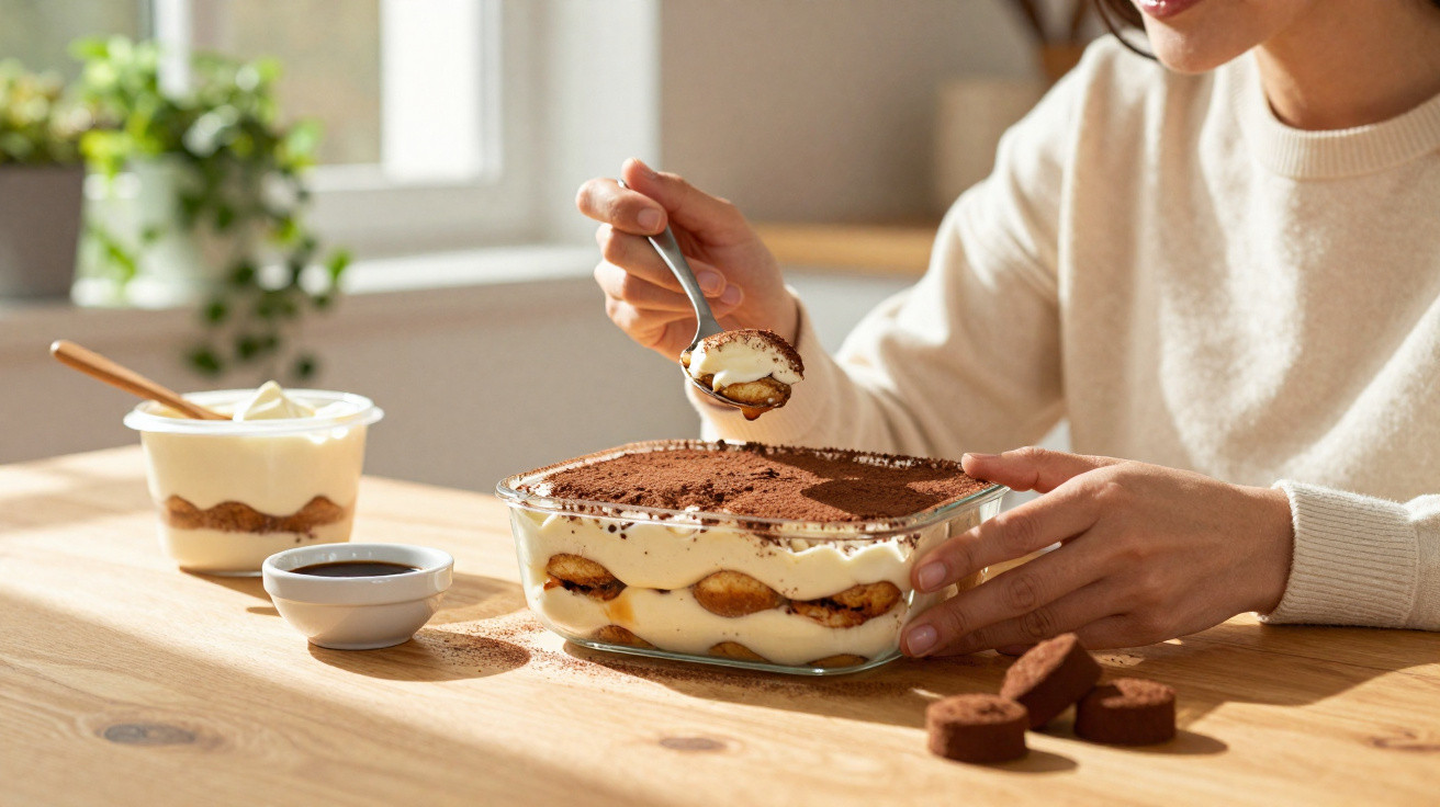 Pessoa a colher tiramisù em recipiente de vidro, perto de café e biscoitos sobre mesa de madeira.