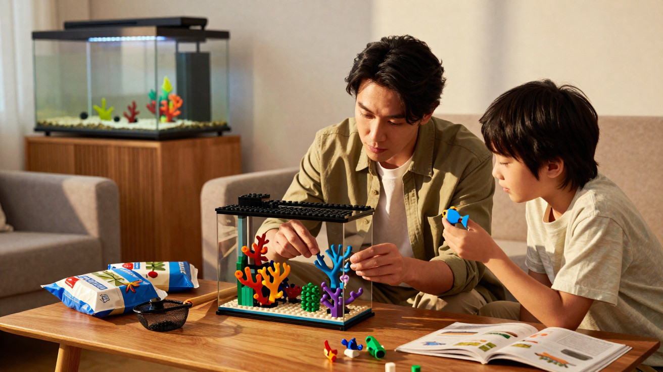 Homem e menino montam aquário de brinquedo colorido numa mesa de madeira na sala de estar.