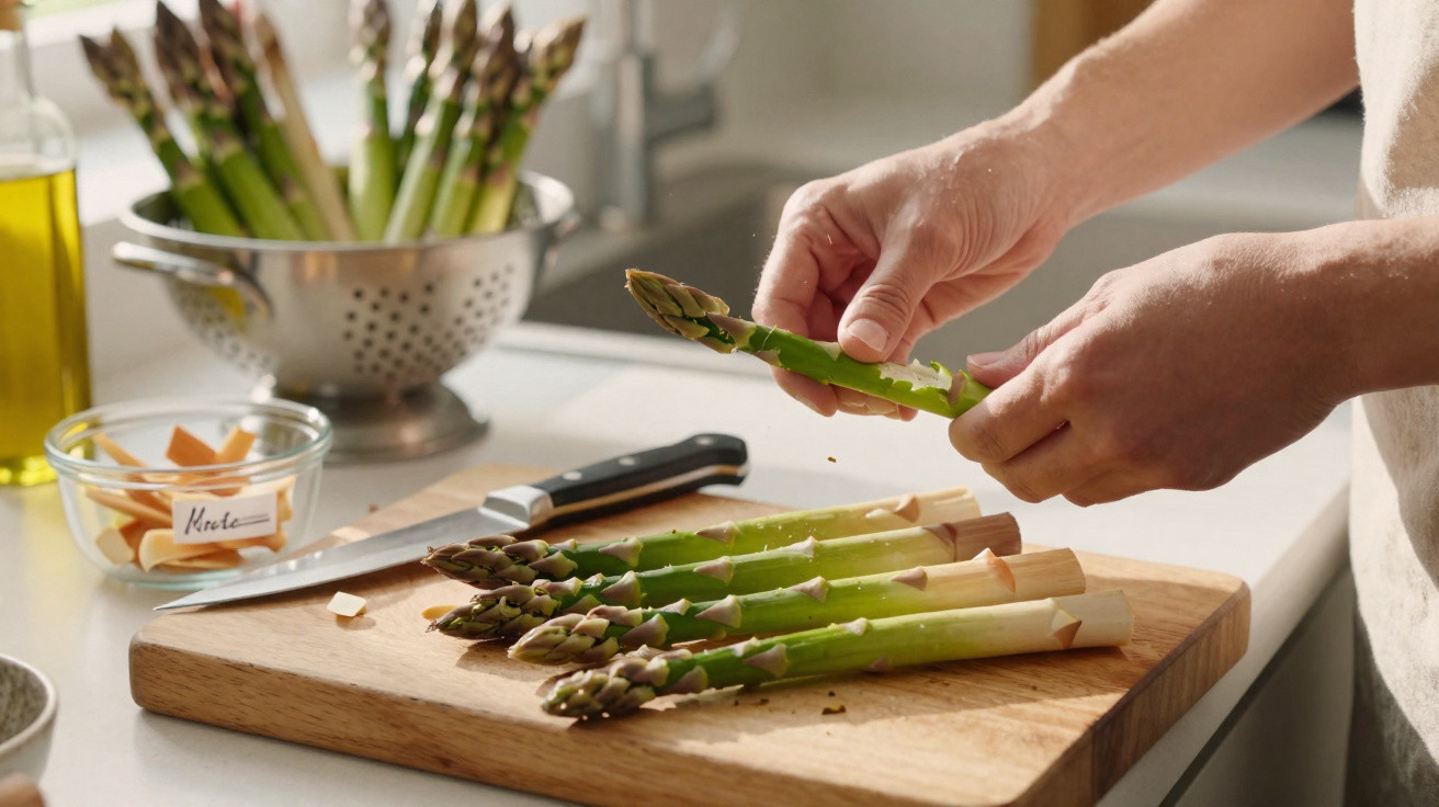 Mãos a preparar espargos verdes frescos sobre tábua de madeira numa cozinha com utensílios.