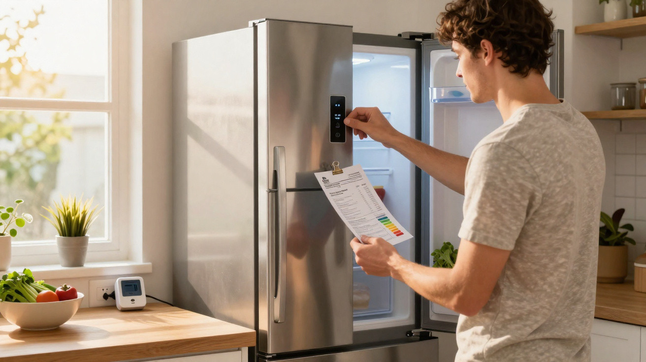 Homem a ajustar o frigorífico inox numa cozinha moderna, segurando uma ficha técnica.