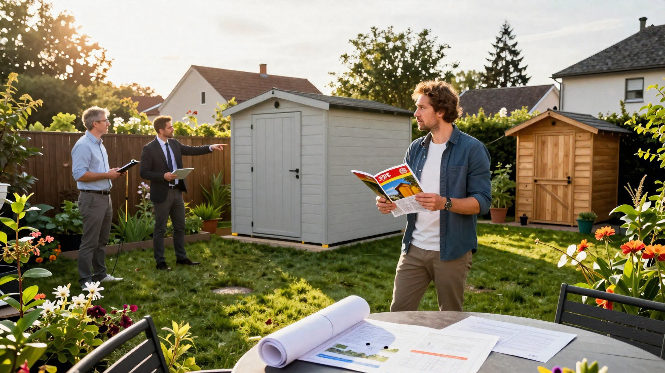 Três homens em jardim avaliam abrigos de jardim, com plantas e documentos numa mesa ao pôr do sol.