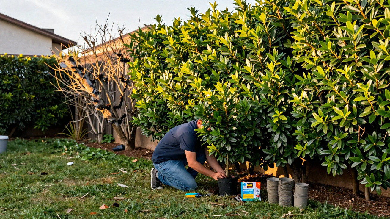Pessoa ajoelhada a plantar uma árvore num jardim com ferramentas e vasos ao lado.