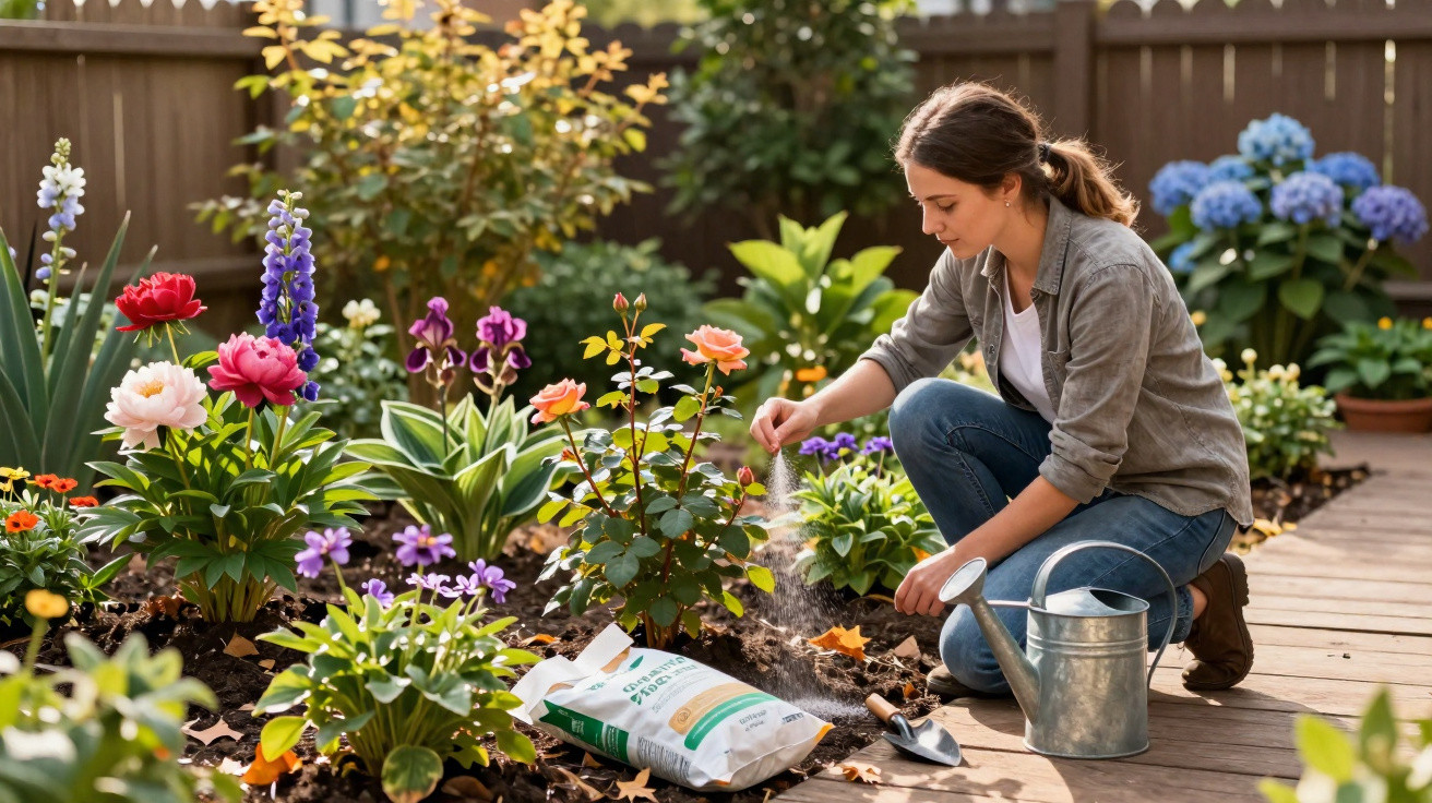 Mulher a cuidar de flores coloridas num jardim com regador e terra ao seu lado.